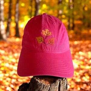 Baseball Hat Embroidered Fall Leaves Adjustable Strap Back Cap Hot Pink